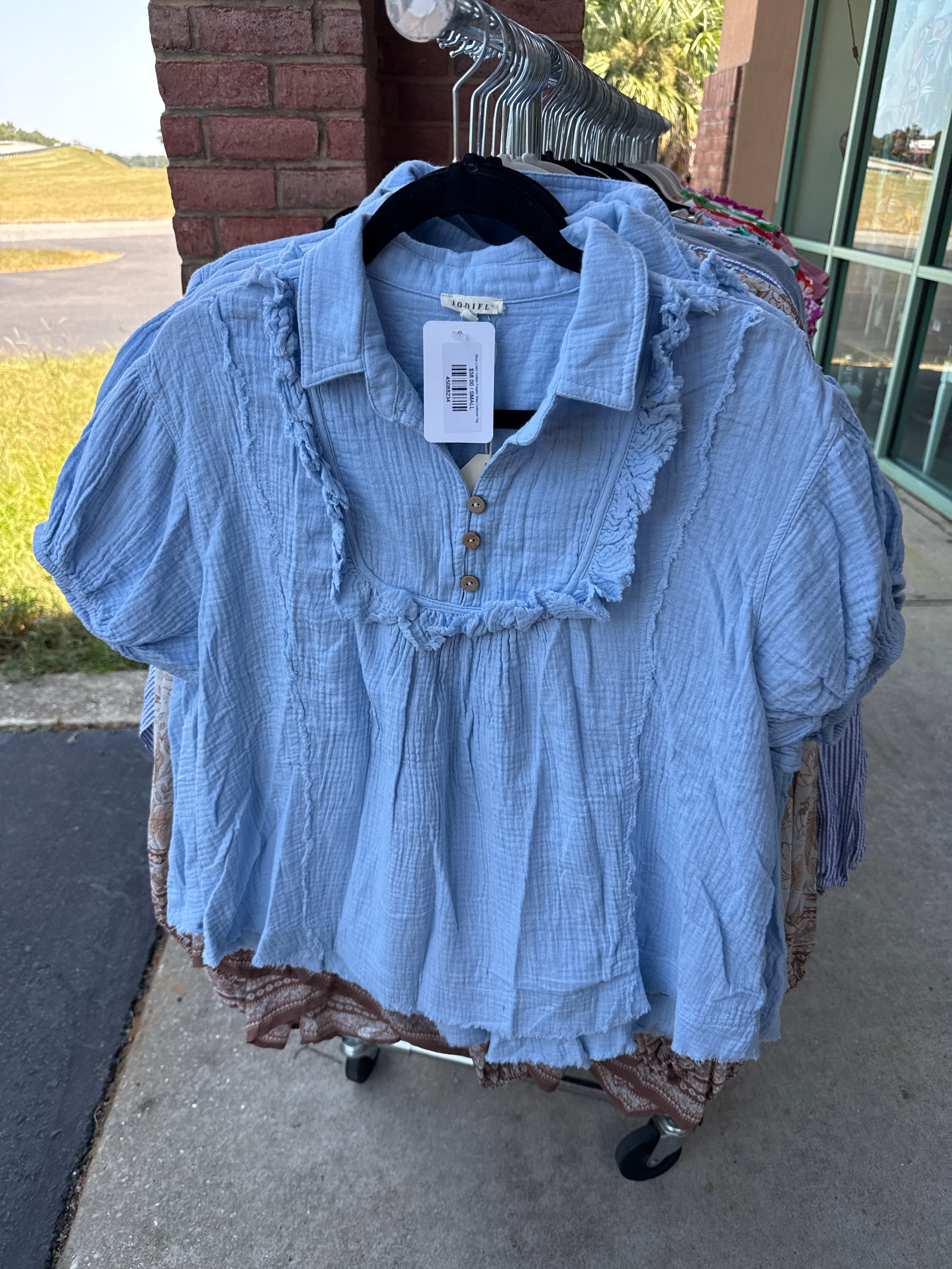 Blue Linen Cotton Frayed Yoke Collared Top- SALE