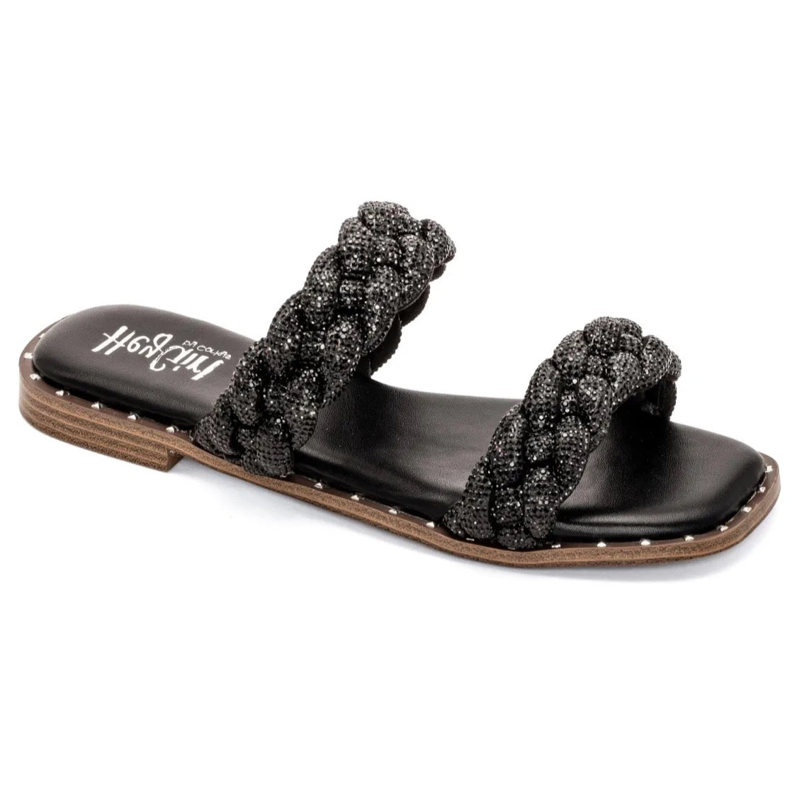 DON'T GET IT TWISTED BLACK RHINESTONES CORKYS BLING SANDALS