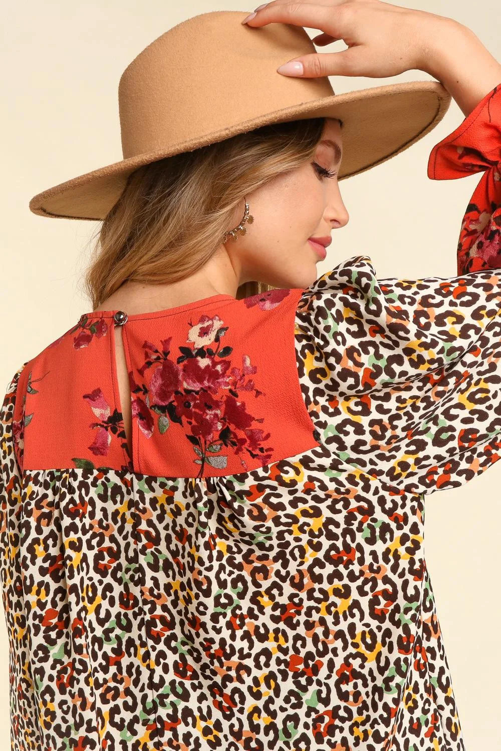 RUST MUSTARD ANIMAL PRINT COLORBLOCK FORAL BLOUSE