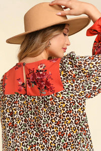 RUST MUSTARD ANIMAL PRINT COLORBLOCK FORAL BLOUSE