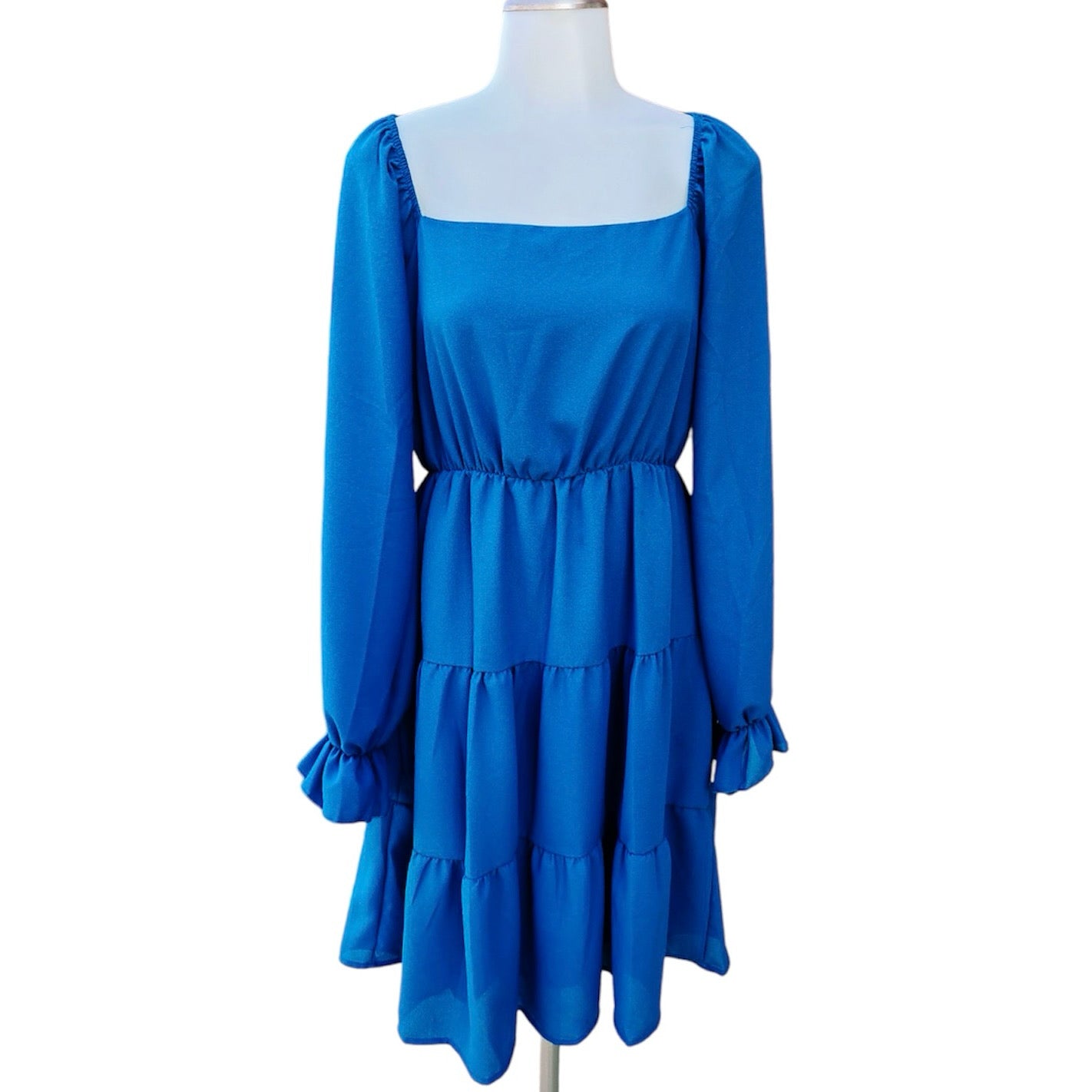 Teal Puff Sleeve Ruffle Hem Tiered Woven Dress