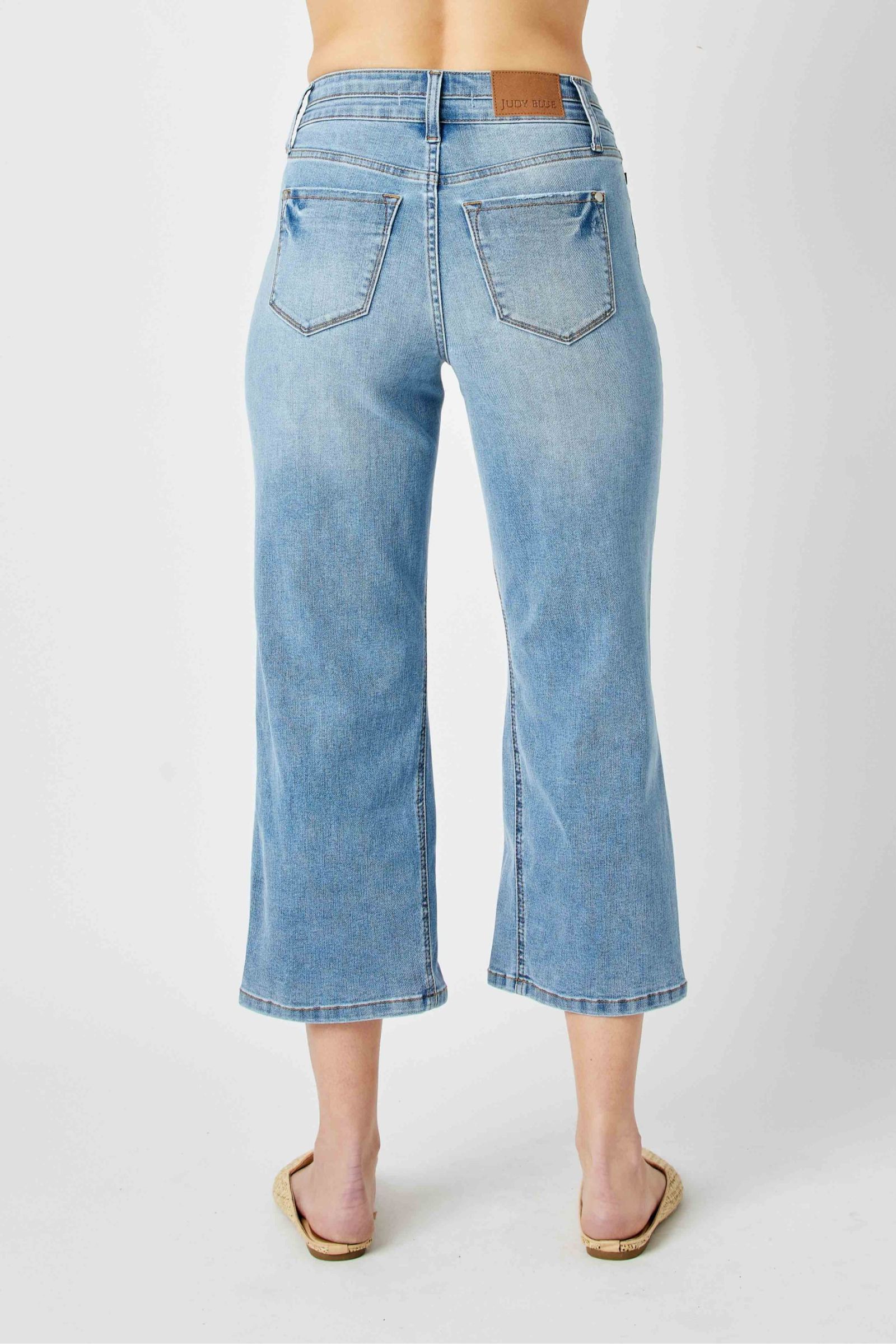 MEDIUM WASH HIGH WAIST DOUBLE WAISTBAND CROPPED WIDE LEG JUDY BLUE DENIM-PLUS