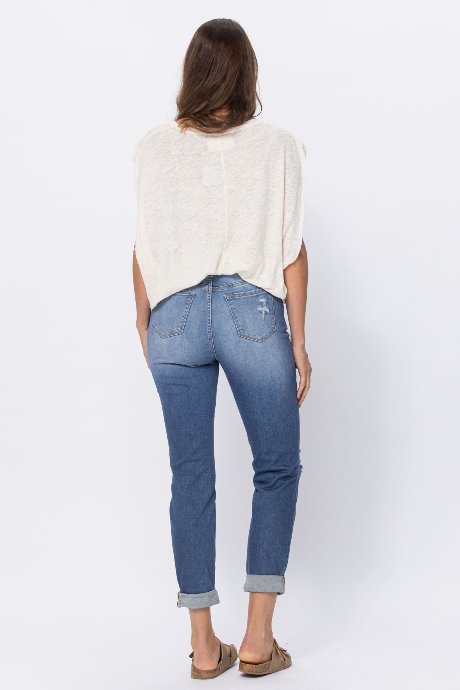 LIGHT WASH HIGH WAIST CUFFED BOYFRIED WITH DESTROY JUDY BLUE DENIM-PLUS