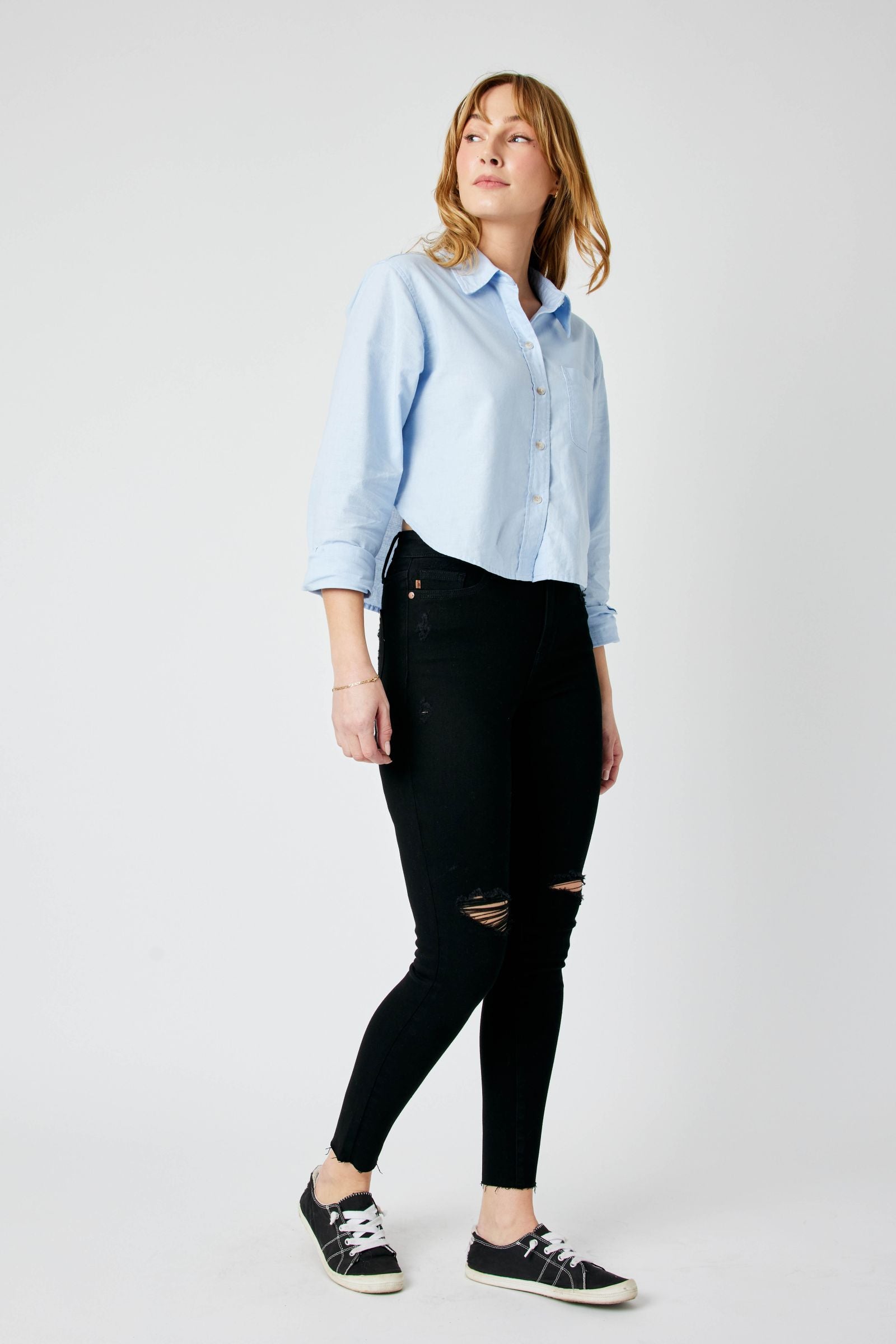 BLACK JUDY BLUE HIGH WAIST HEAVY DESTROYED RAW HEM SKINNY DENIM-PLUS