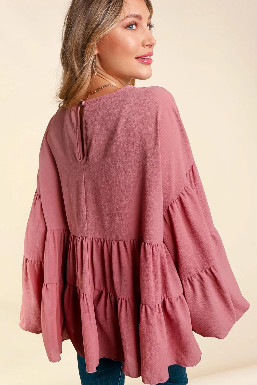 MAUVE BUBBLE WOVEN RUFFLE BABYDOLL TOP-PLUS