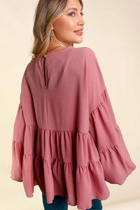 MAUVE BUBBLE WOVEN RUFFLE BABYDOLL TOP-PLUS