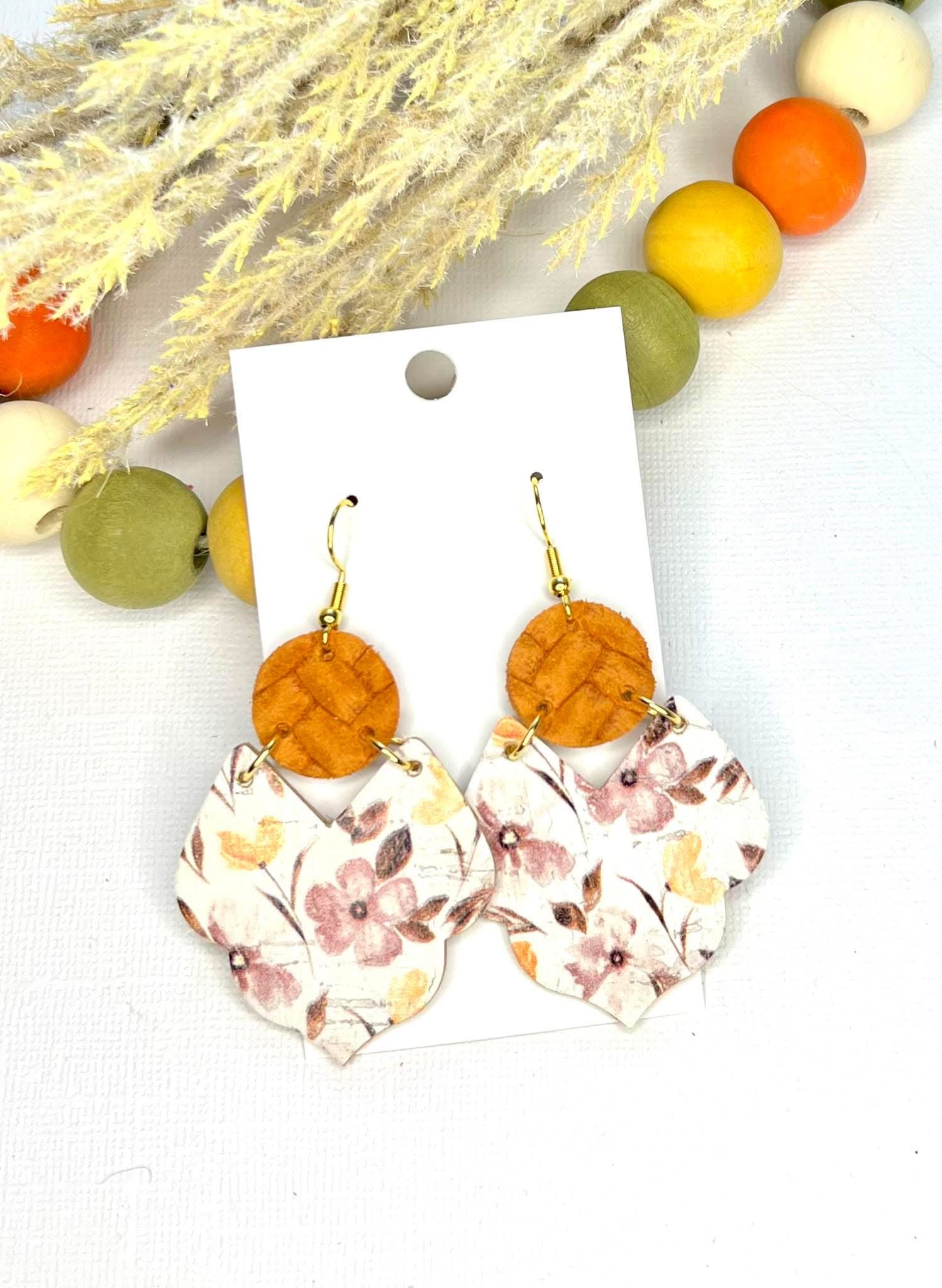 GOLDEN RUST CREAM MARSALA FLORAL PRINT GEO-SHAPE SCALLOPED EDGES LEATHER DANGLES HANDMADE EARRINGS BY B.O.D