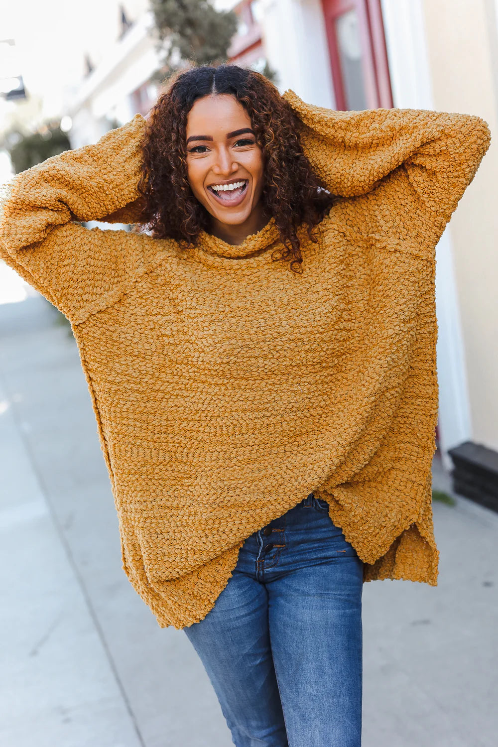 MUSTARD BUTTERSCOTCH THICK POPCORN COWL NECK SWEATER - PLUS