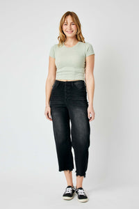 BLACK HIGH WAIST DESTROYED RAW HEM CROP WIDE LEG JUDY BLUE DENIM