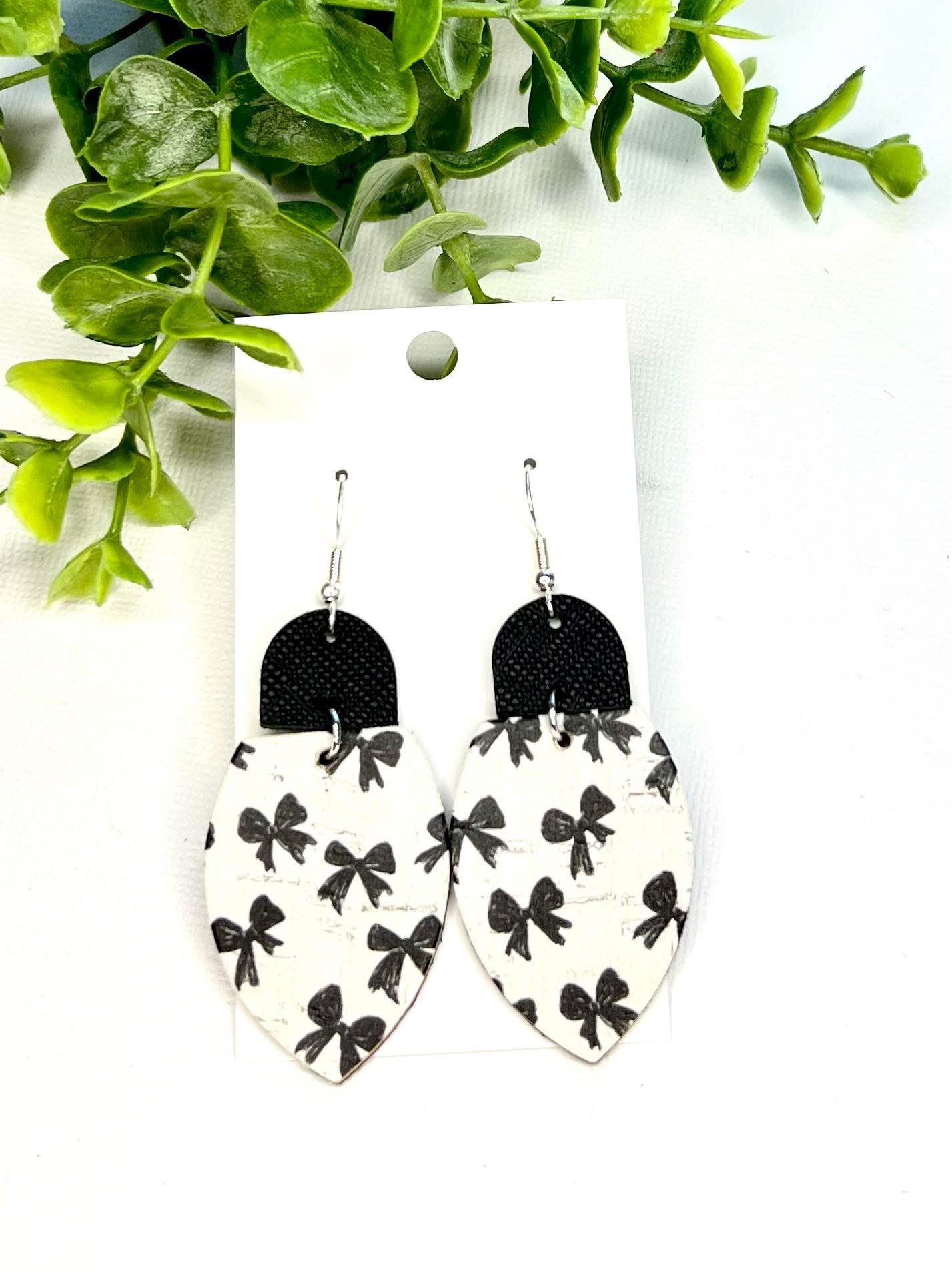 WHITE BLACK BOW DANGLES HANDMADE LEATHER EARRINGS BY B.O.D