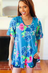 BRIGHT BLUE FLORAL RUFFLE TOP-PLUS