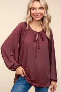 WINE MARSALA FRONT NECK TIED SOLID MODAL KNIT PEASANT TOP