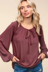 WINE MARSALA FRONT NECK TIED SOLID MODAL KNIT PEASANT TOP