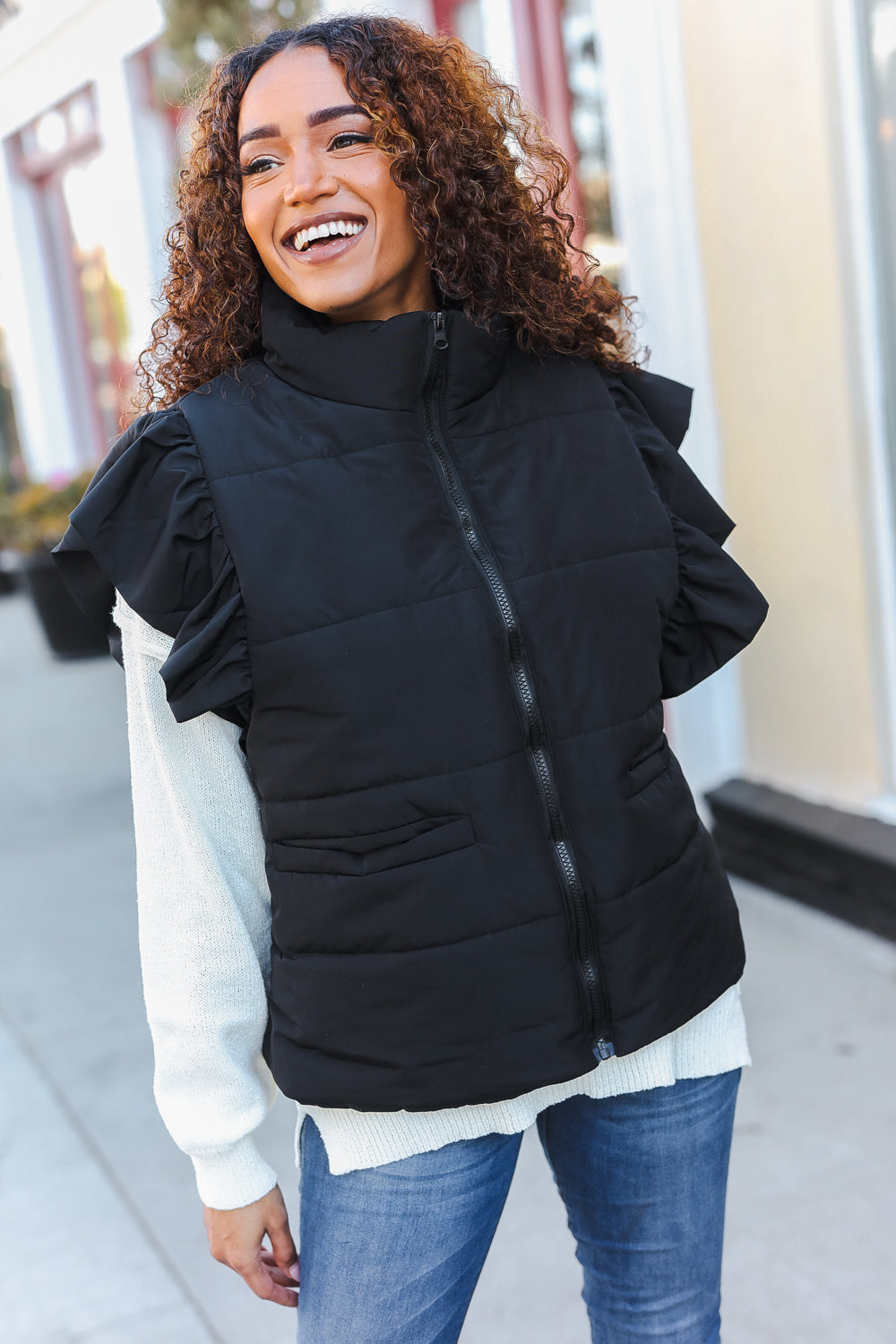 BLACK QUILTED PUFFER ZIP UP RUFFLE SLEEVE VEST- PLUS- 1X LEFT