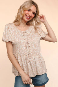 TAUPE FLORAL FRONT RIBBONS BOW TIE ANIMAL BABYDOLL KNIT TOP