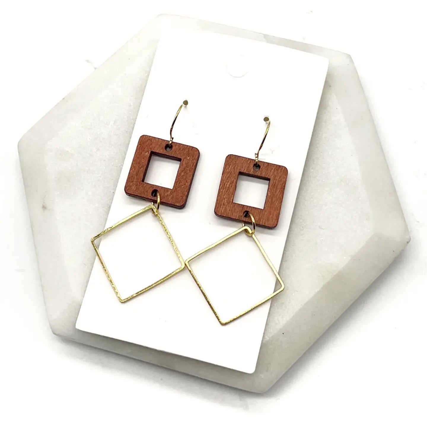 RUST WOOD GOLD RECTANGLE SQUARE METAL DUO HANDMADE BBB EARRINGS