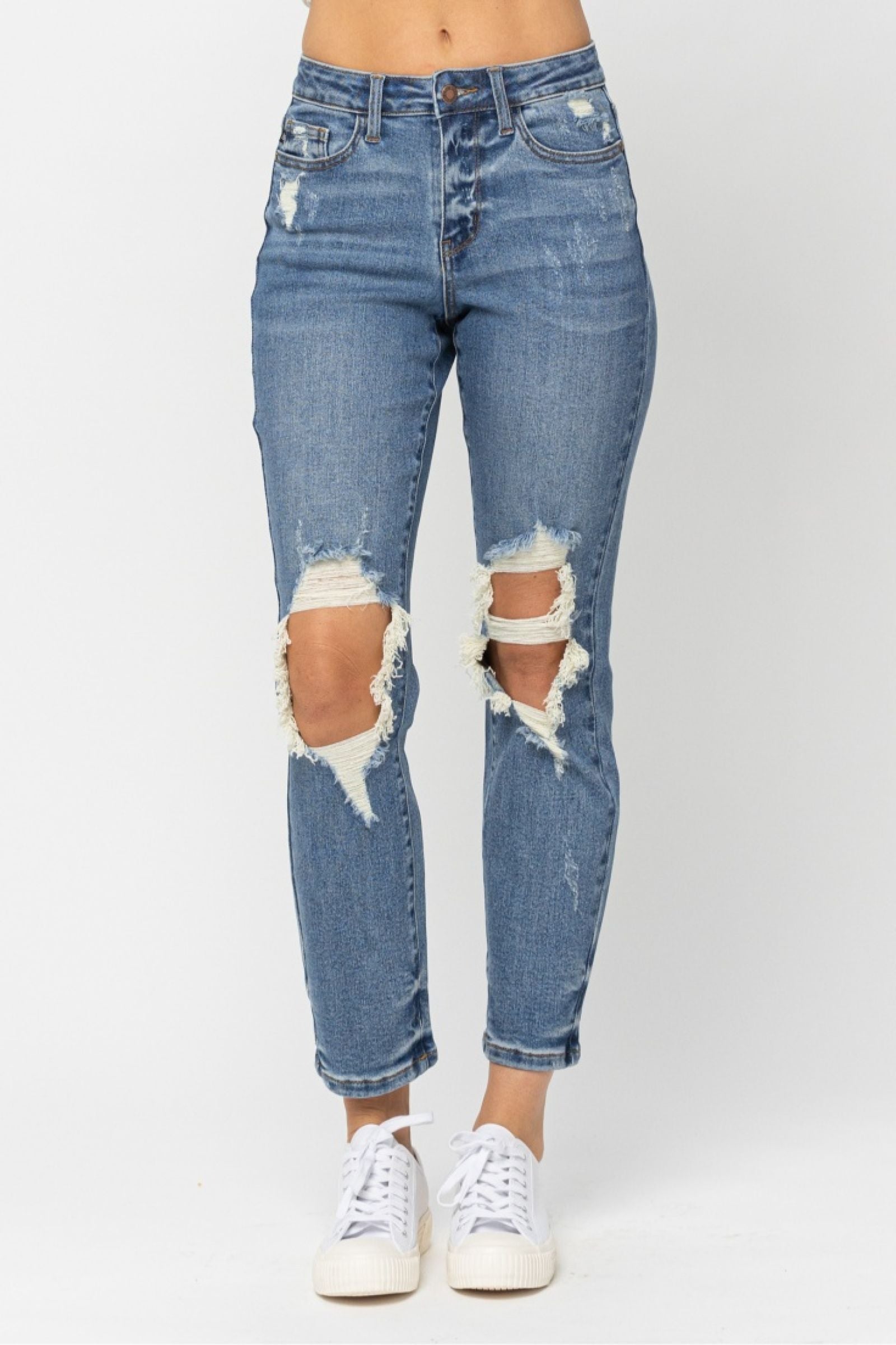 MEDIUM WASH HIGH WAIST DESTROYED BOYFRIEND FIT JUDY BLUE DENIM