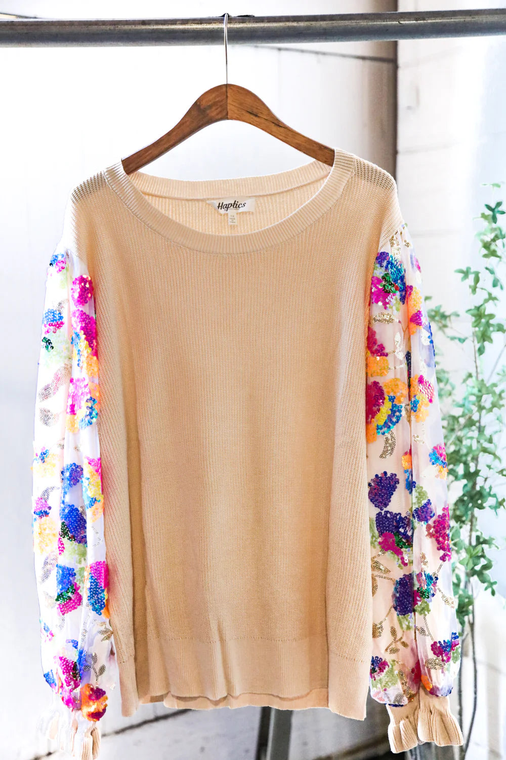 TAUPE OATMEAL SEQUINS MESH SLEEVE FANCY DESIGN BLOUSE-PLUS