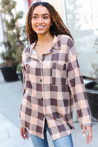 TAUPE PLAID BUTTON DOWN TOP