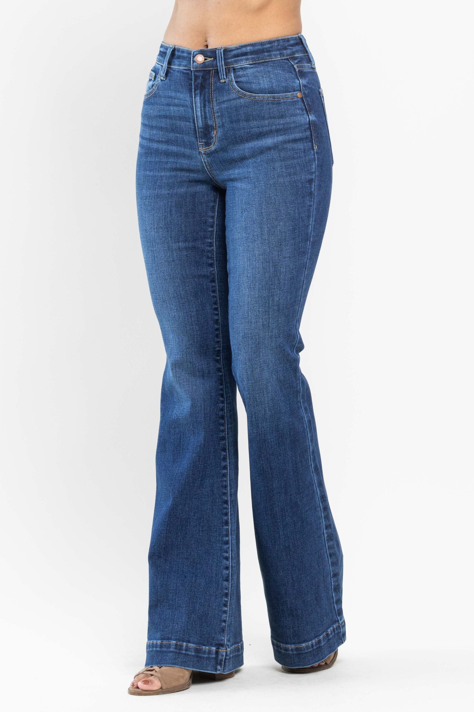 MEDIUM WASH HIGH WAIST WIDE HEM FLARE JUDY BLUE DENIM