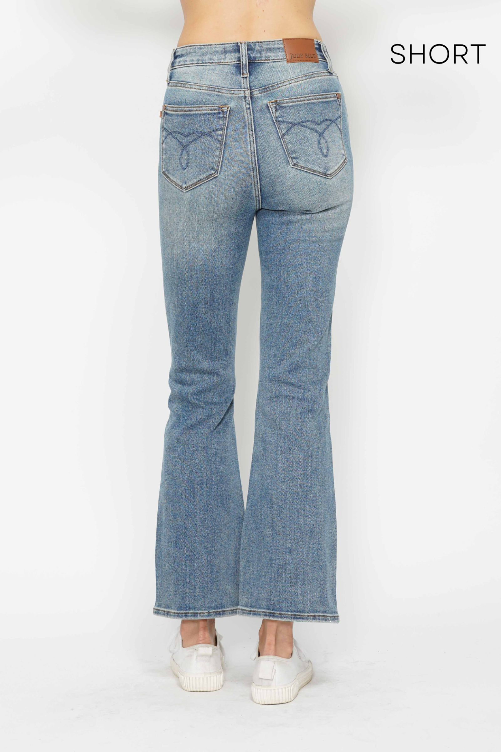*SHORT INSEAM* HIGH WAIST TUMMY CONTROL MEDIUM WASH BACK POCKET EMBROIDERY BOOTCUT JUDY BLUE DENIM