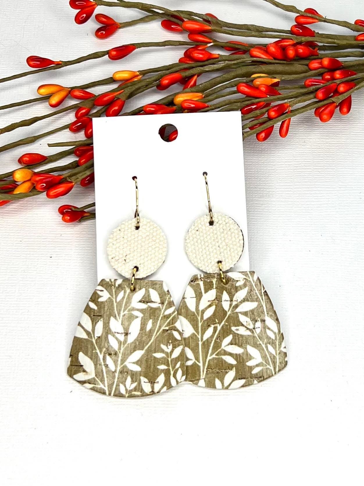 MOSS GREEN WILDFLOWER PRINT WITH IVORY ACCENTS GEO SHAPE LEATHER HANDMADE EARRINGS BY B.O.D