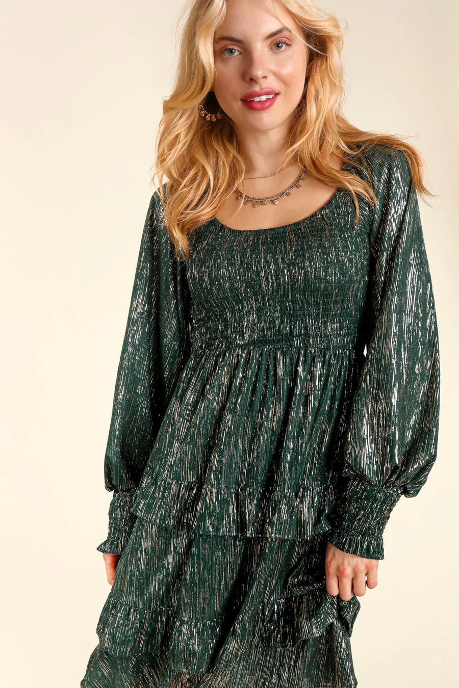 GOLDEN HUNTER GREEN SHIMMERY SPARKLY SMOCKED FIT & FLARE DRESS