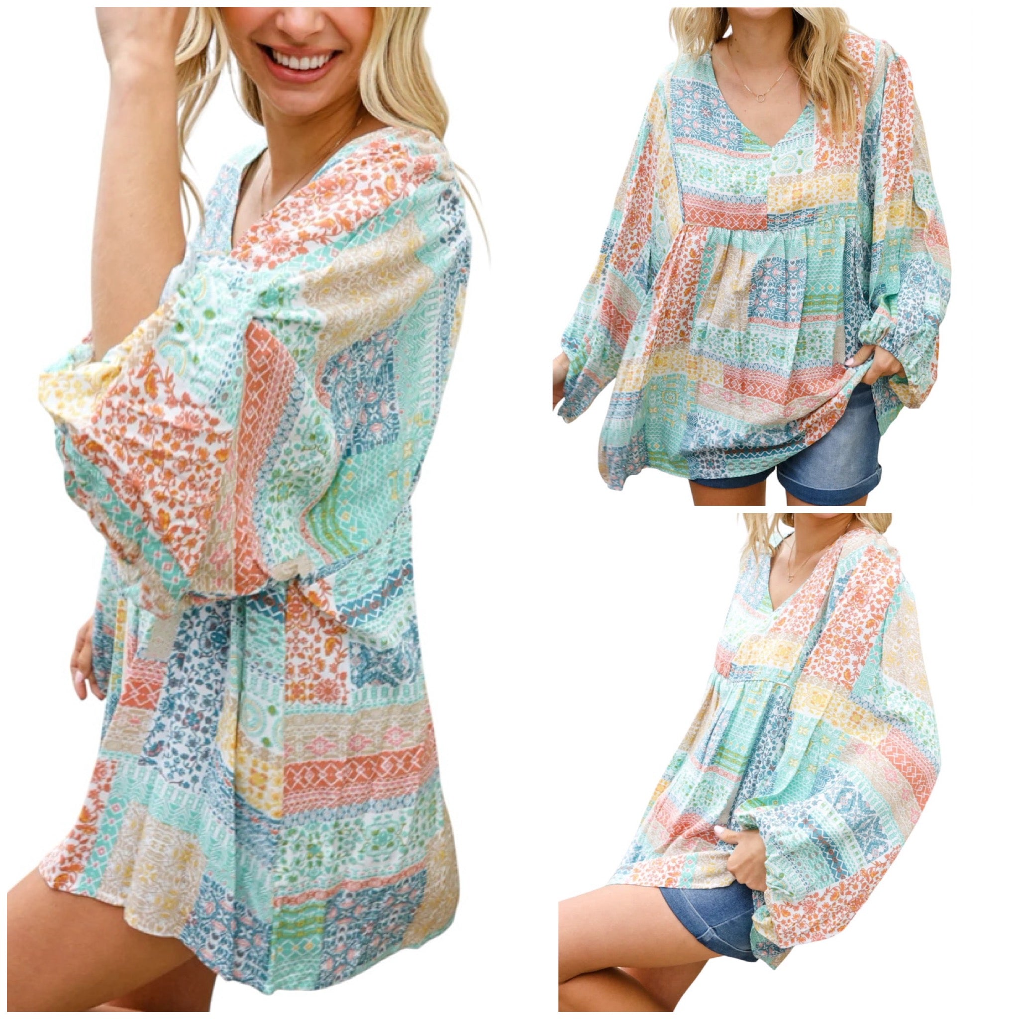 MINT PEACH BOHEMIAM PRINTED PATCHWORK 3/4 BUBBLE SLEEVE VNECK TOP- PLUS- SALE- 1X & 2X AVAILABLE