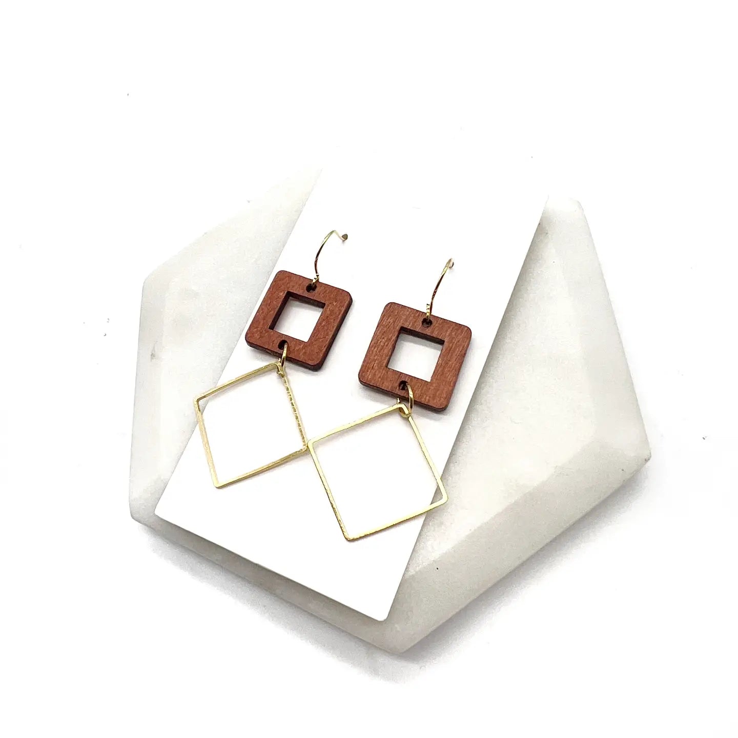 RUST WOOD GOLD RECTANGLE SQUARE METAL DUO HANDMADE BBB EARRINGS