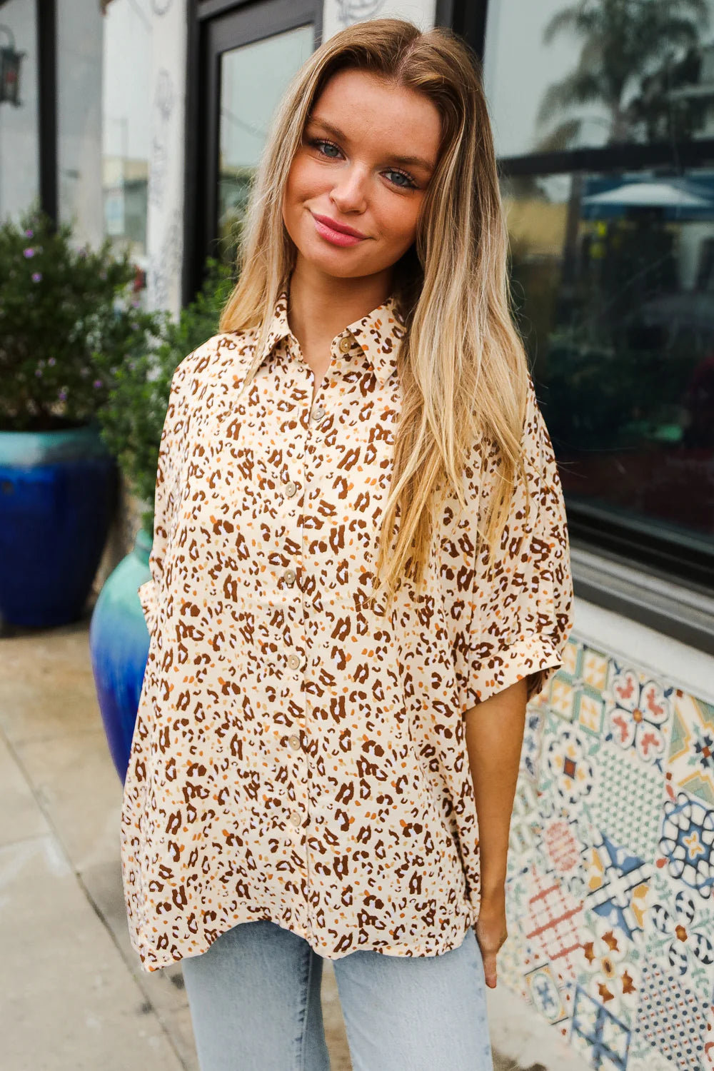 TAUPE ANIMAL BUTTON DOWN TOP