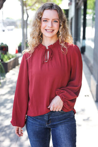 BURGUNDY FRILLED EDGED VNECK TIE LONG SLEEVE TOP-PLUS