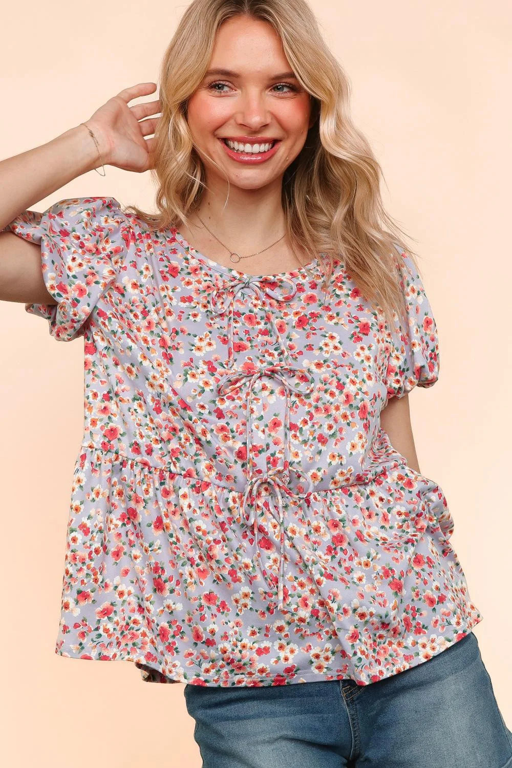 LAVENDER MULTI FLORAL FRONT RIBBONS BOW TIE BABYDOLL KNIT TOP