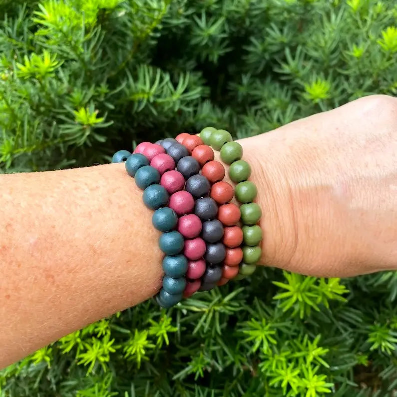 FALL WOOD BEADED STRETCH BRACELET SET OF 5 HANDMADE BY BBB