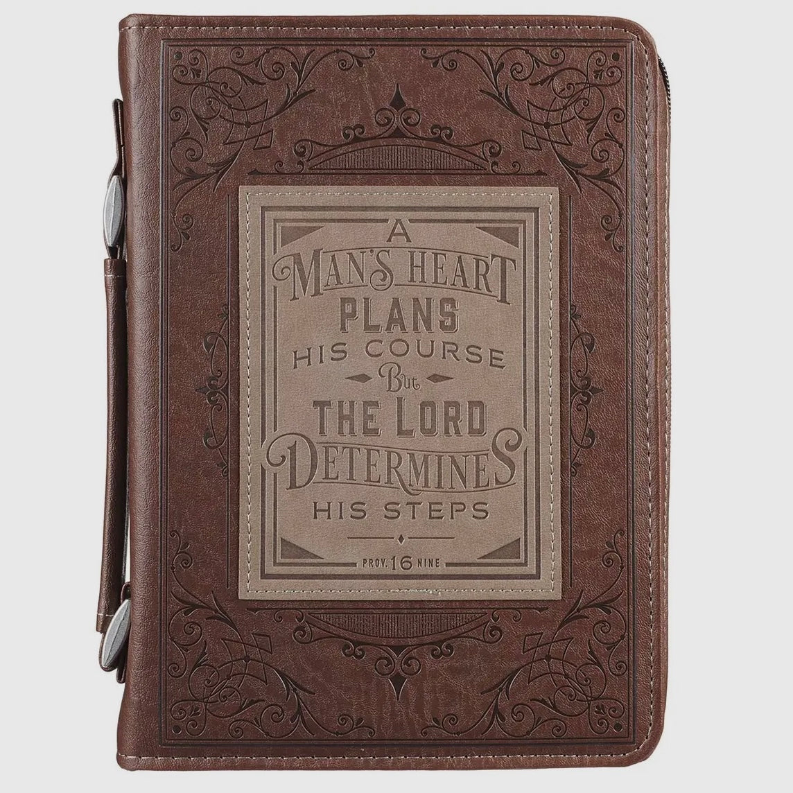 A Man's Heart Brown Faux Leather Bible Cover PROV 16:9 - LARGE