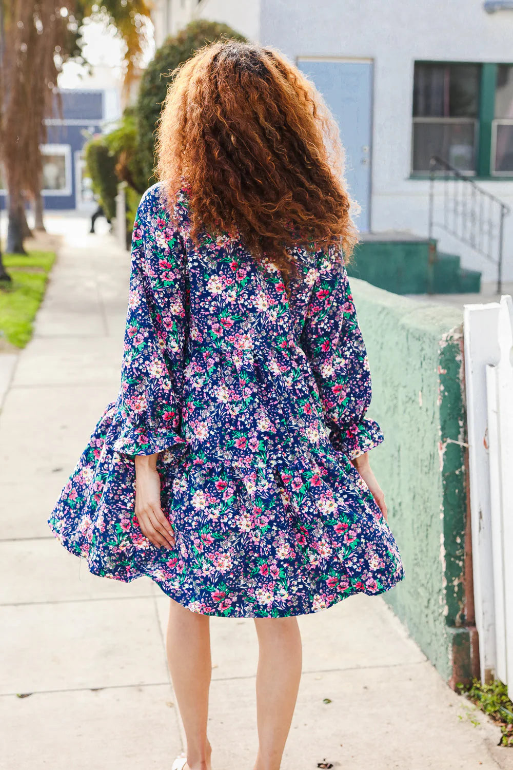 NAVY FLORAL BOW TIE BABYDOLL LONG SLEEVE RUFFLE DRESS