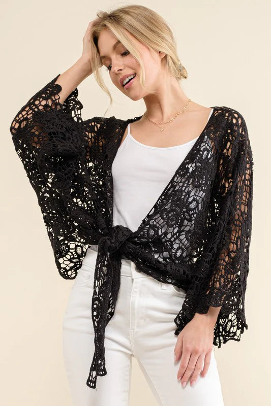 BLACK CROCHET TIE HEM CARDIGAN