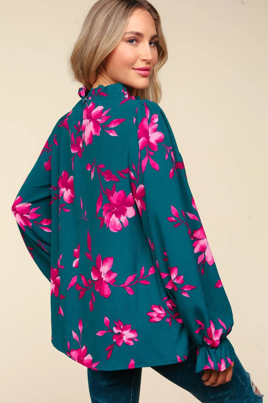 TEAL MAGENTA FRILLY FLORAL MOCK NECK BUTTON PRINTED TOP-PLUS