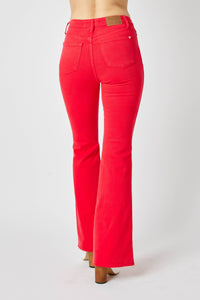 RED HIGH WAIST TUMMY CONTROL GARMENT DYED FLARE JUDY BLUE DENIM