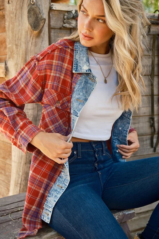 RED PLAID DENIM LAYERED HOODIE TOP-PLUS
