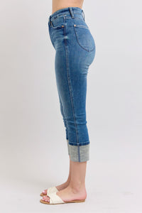 HIGH WAIST TUMMY CONTROL MEDIUM WASH BACK SHIELD POCKETS & CUFFED CAPRIS JUDY BLUE DENIM-PLUS
