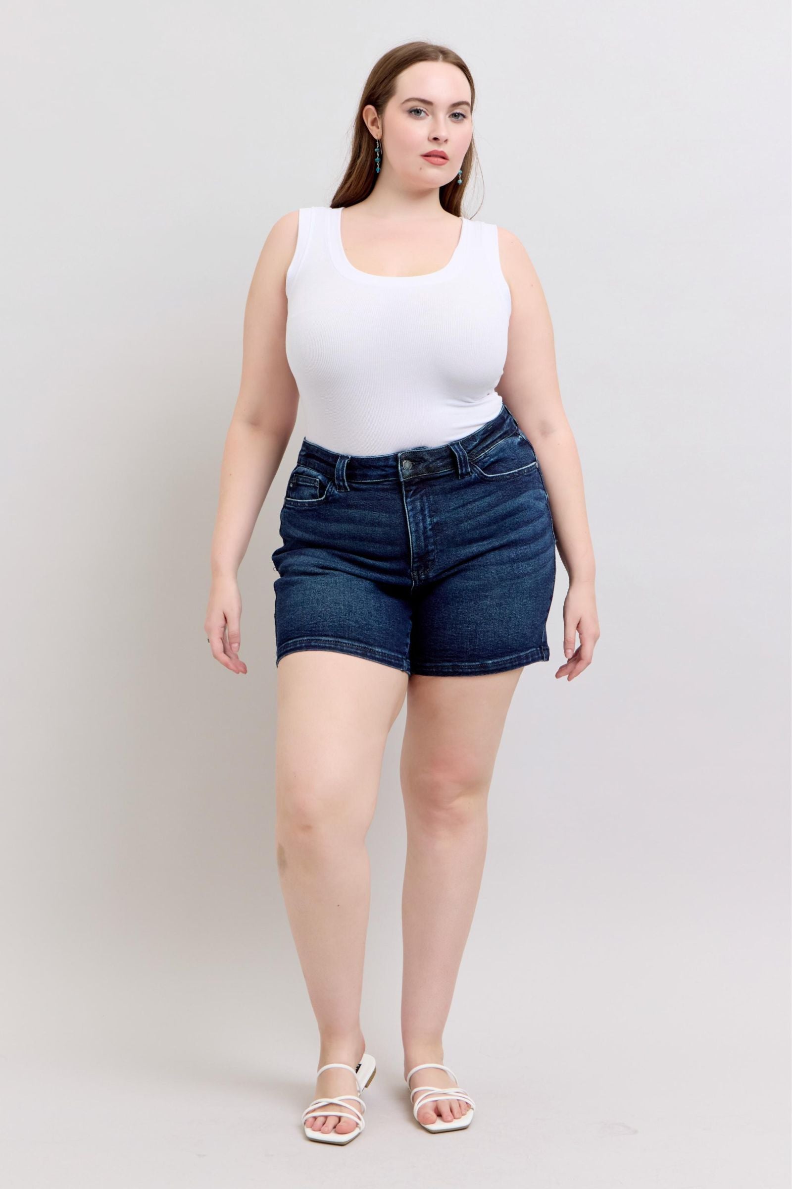 MEDIUM BLUE HIGH WAIST BACK FLAP POCKETED SHORTS JUDY BLUE DENIM-PLUS