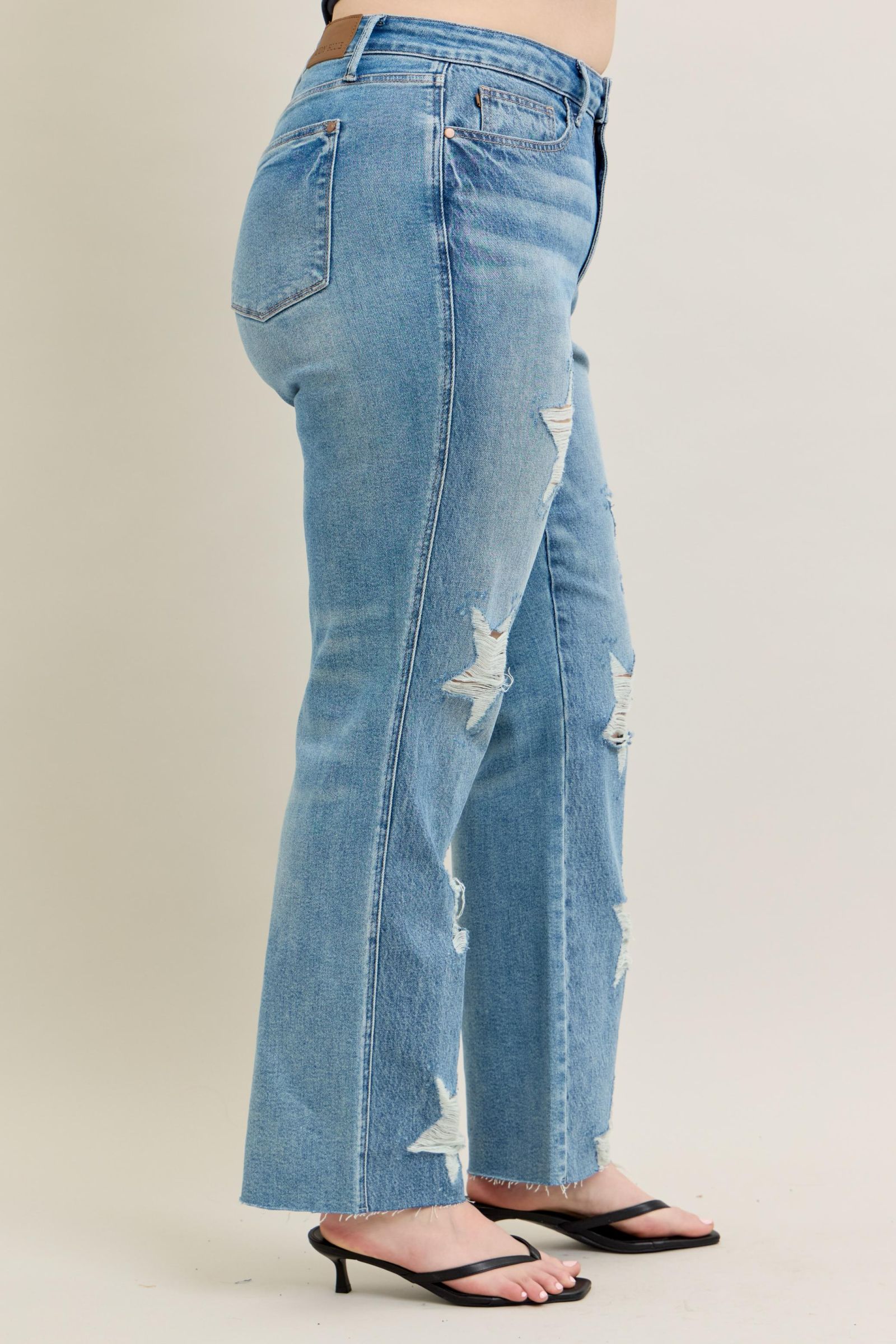 MEDIUM WASH HIGH WAIST RIGID MAGIC STAR SHAPED DESTROYED 90S STRAIGHT JUDY BLUE DENIM-PLUS