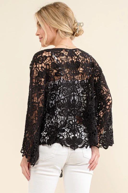 BLACK CROCHET TIE HEM CARDIGAN