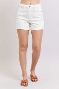 WHITE DOUBLE ROLL CUFFED JUDY BLUE SHORTS-PLUS