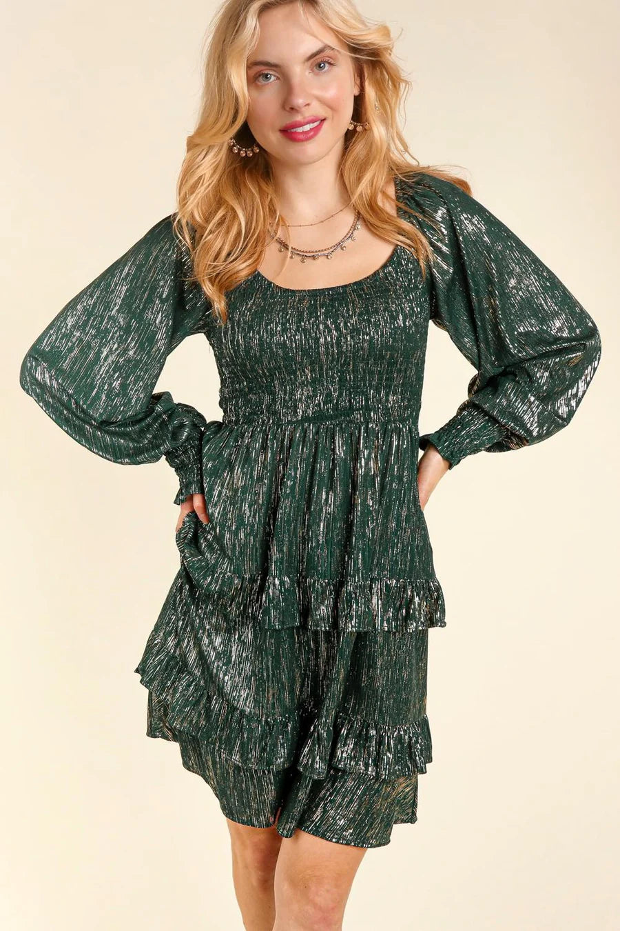 GOLDEN HUNTER GREEN SHIMMERY SPARKLY SMOCKED FIT & FLARE DRESS