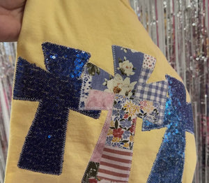 YELLOW COMFORT COLOR EASTER CROSSES SHORT SLEEVE TEE APPLIQUE HANDMADE SEQUINS