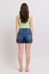 DARKWASH HIGH WAIST DOUBLE BUTTON WAISTBAND SHORTS JUDY BLUE DENIM-PLUS