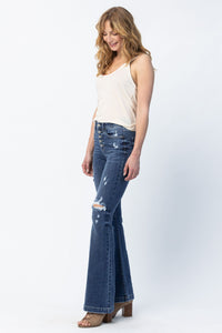 DARKWASH MID RISE TROUSER FLARE BUTTON FLY WITH DESTROYED DETAILS JUDY BLUE DENIM