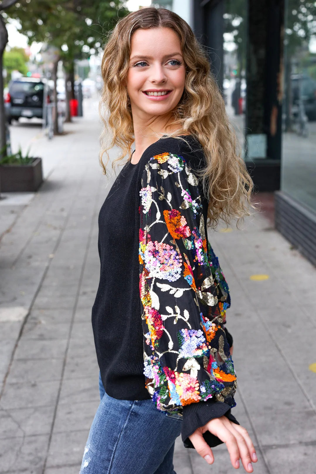 BLACK DIVA DREAMS FLORAL SEQUIN MESH RIB KNIT BLOUSE