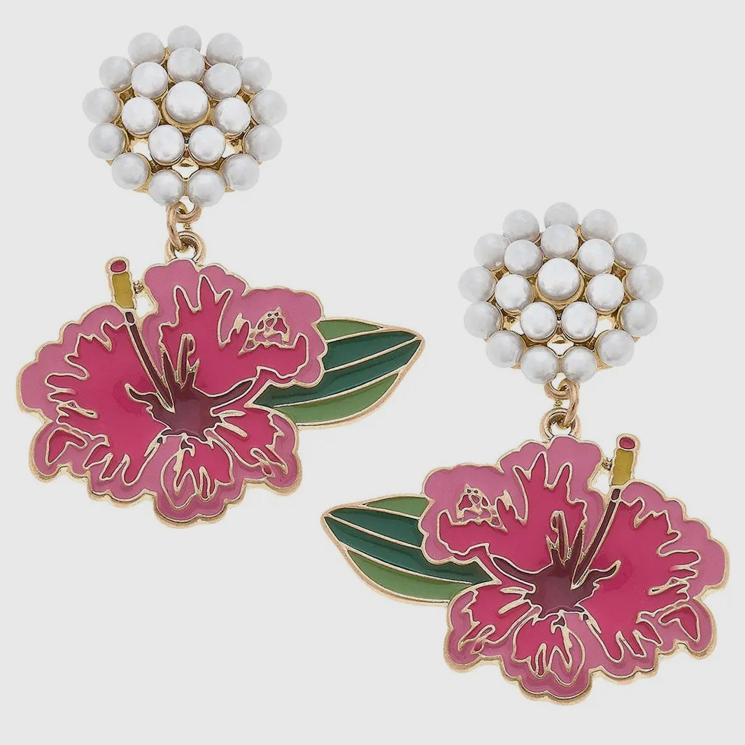 Canvas Hibiscus Enamel Pearl Cluster Pink Earrings